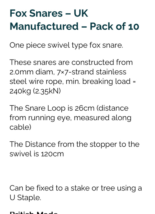 Fox Snares. 10 pack